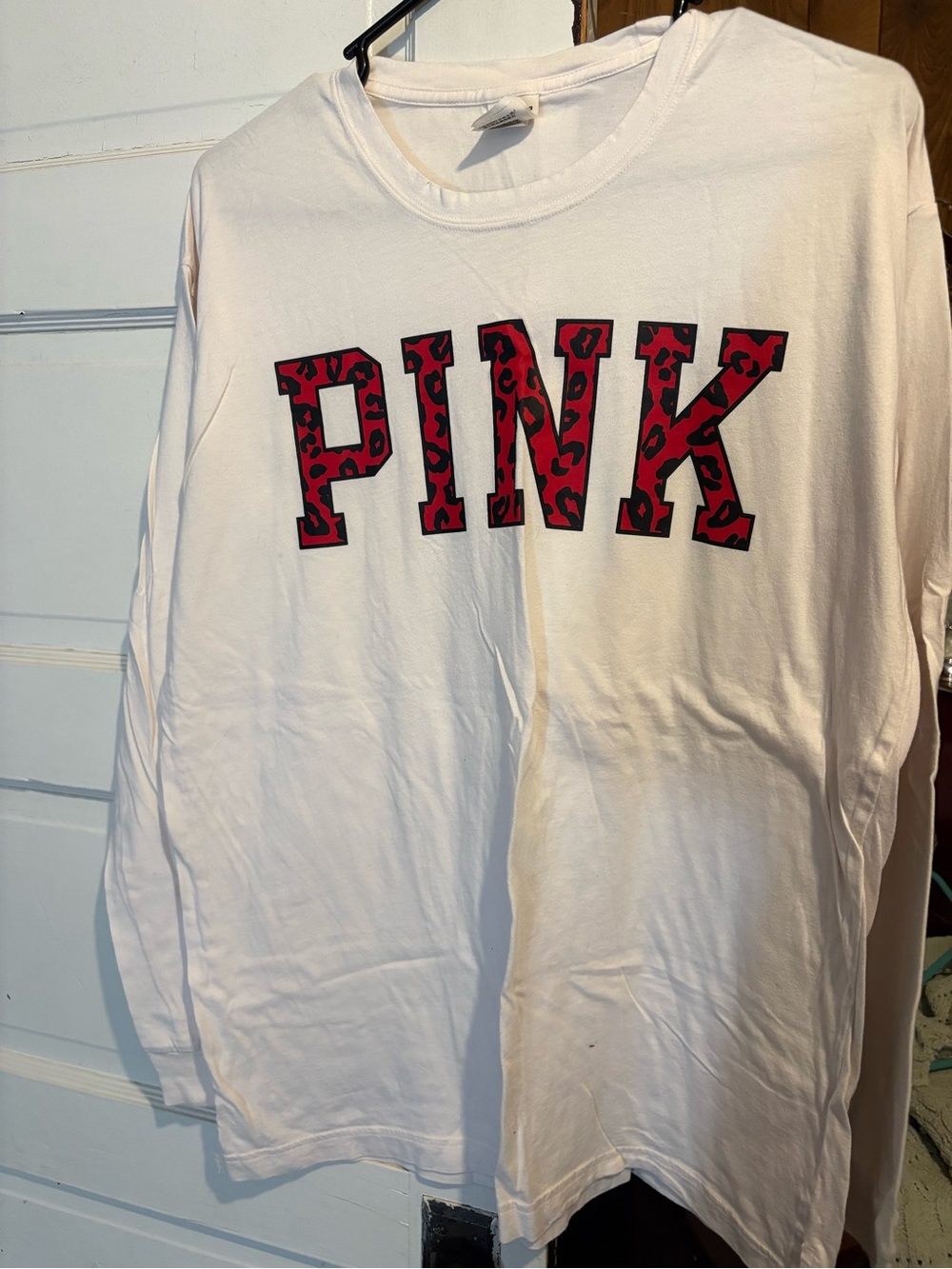 PINK Victoria's Secret White Long Sleeve Tee with Red Leopard Logo